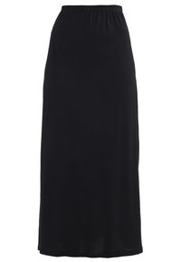 Falda maxi negra hecha de un tejido suave y elástico con una cinturilla elástica. Presenta un diseño de longitud completa y de color sólido y suave.