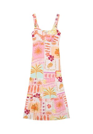 Robe d'été sans manches avec imprimé tropical coloré comprenant des soleils, des palmiers, des fleurs, des poissons, des oranges et des textes tels que « BOM DIA » et « Rio de Janeiro ».