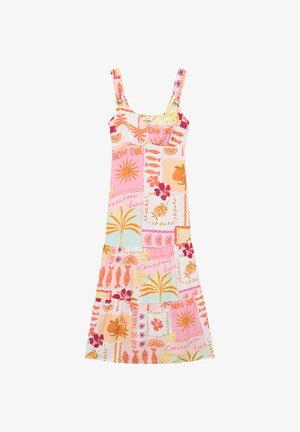 Robe d'été sans manches avec imprimé tropical coloré comprenant des soleils, des palmiers, des fleurs, des poissons, des oranges et des textes tels que « BOM DIA » et « Rio de Janeiro ».