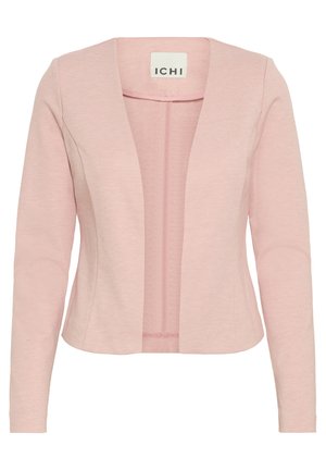 Pink, long-sleeved blazer with an open front. Made of soft fabric, featuring a subtle texture and a label at the neckline. No fastenings.