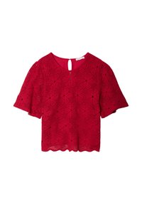 Haut en dentelle rouge avec un motif floral, manches courtes évasées et un détail en forme de trou de serrure au dos. L'ourlet festonné ajoute de la texture.