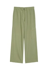 Lichtgroene wijde broek met elastische taille, knoopsluiting en zijzakken. Vlekkeloze textuur en cropped lengte.