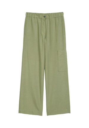 Lichtgroene wijde broek met elastische taille, knoopsluiting en zijzakken. Vlekkeloze textuur en cropped lengte.
