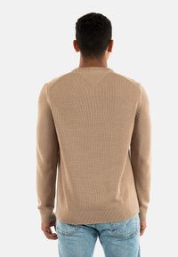 Maglione a maglia beige con maniche lunghe, polsini e orlo a coste, caratterizzato da un dettaglio a yoke a forma di V sul retro e una texture liscia.