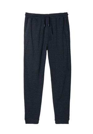 Dunkelgraue Jogginghose mit einem Kordelzugbund, zwei seitlichen Taschen und elastischen Bündchen, aus glattem, weichem Stoff mit einer subtilen Textur.