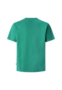 Green cotton t-shirt with a short sleeve and crew neckline, featuring a smooth texture and a straight cut at the hem.