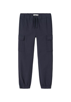 Pantalons cargo navy en tissu léger avec une taille élastique, des poignets resserrés et deux poches latérales avec rabats.