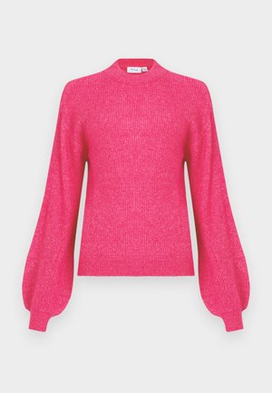 Jersey de punto acanalado de color rosa brillante con mangas largas abullonadas y un cuello tipo mock neck corto.