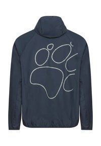 Veste légère bleu marine avec un col montant, ornée d'un grand motif de patte réfléchissante au dos. Texture lisse, ourlet et poignets élastiques.