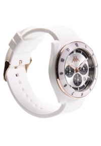 Orologio da polso in silicone bianco con cassa rotonda in tono oro, quadrante nero che presenta più sottodial, e dettagli in oro rosa sulle lancette e sul logo.