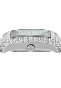 Orologio argento con quadrante rettangolare, un quadrante in madreperla e decorazioni in cristallo lungo la lunetta. Presenta una corona con il logo MK.