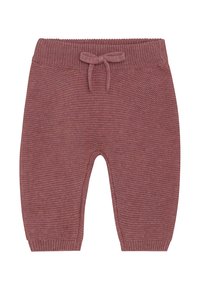 Miękkie wełniane spodnie dla niemowląt w stonowanym odcieniu mauve z prążkowanymi mankietami i pasem, z wiązanym sznurkiem z przodu.