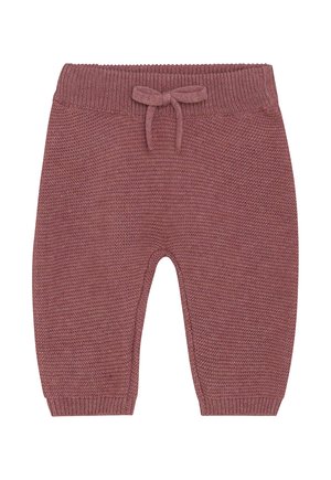 Weiche Strick-Babypants in sanftem Mauve mit gerippten Bündchen und einem Bund, der vorne mit einem gebundenen Kordelzug versehen ist.