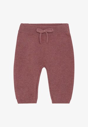 Zachte gebreide babypantalon in gedempt mauve met geribde boorden en een tailleband, met een gestrikt koord aan de voorkant.