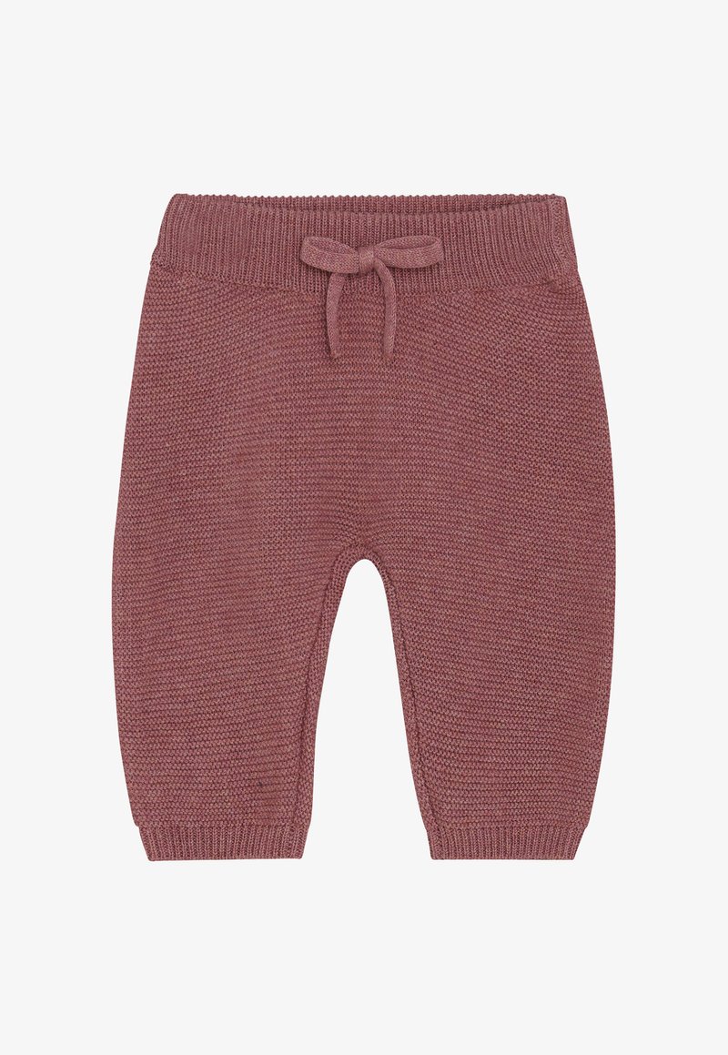 Weiche Strick-Babypants in sanftem Mauve mit gerippten Bündchen und einem Bund, der vorne mit einem gebundenen Kordelzug versehen ist.