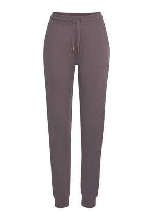 Damskie mauve joggery z regulowanym talią sznurkiem, przednimi naszywanymi kieszeniami, zwężanymi nogawkami i ściągaczami przy kostkach.