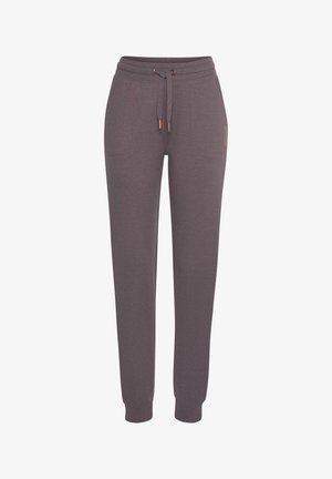 Damskie mauve joggery z regulowanym talią sznurkiem, przednimi naszywanymi kieszeniami, zwężanymi nogawkami i ściągaczami przy kostkach.