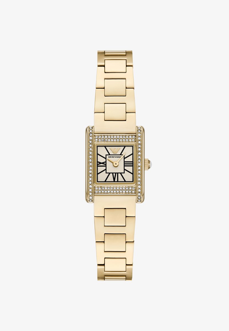 Zlaté kovové náramkové hodinky s obdélníkovým ciferníkem, černými indexy hodin a krémovým pozadím, s krystalovým ozdobným rámečkem a náramkem z článků.