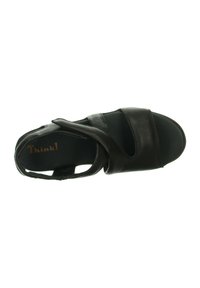 Schwarze Leder-Sandalen mit mehreren Riemen, Offene-Zehen-Design, gepolstertem Fußbett und einem Klettverschluss für einen sicheren Sitz; Gummi-Außensohle.