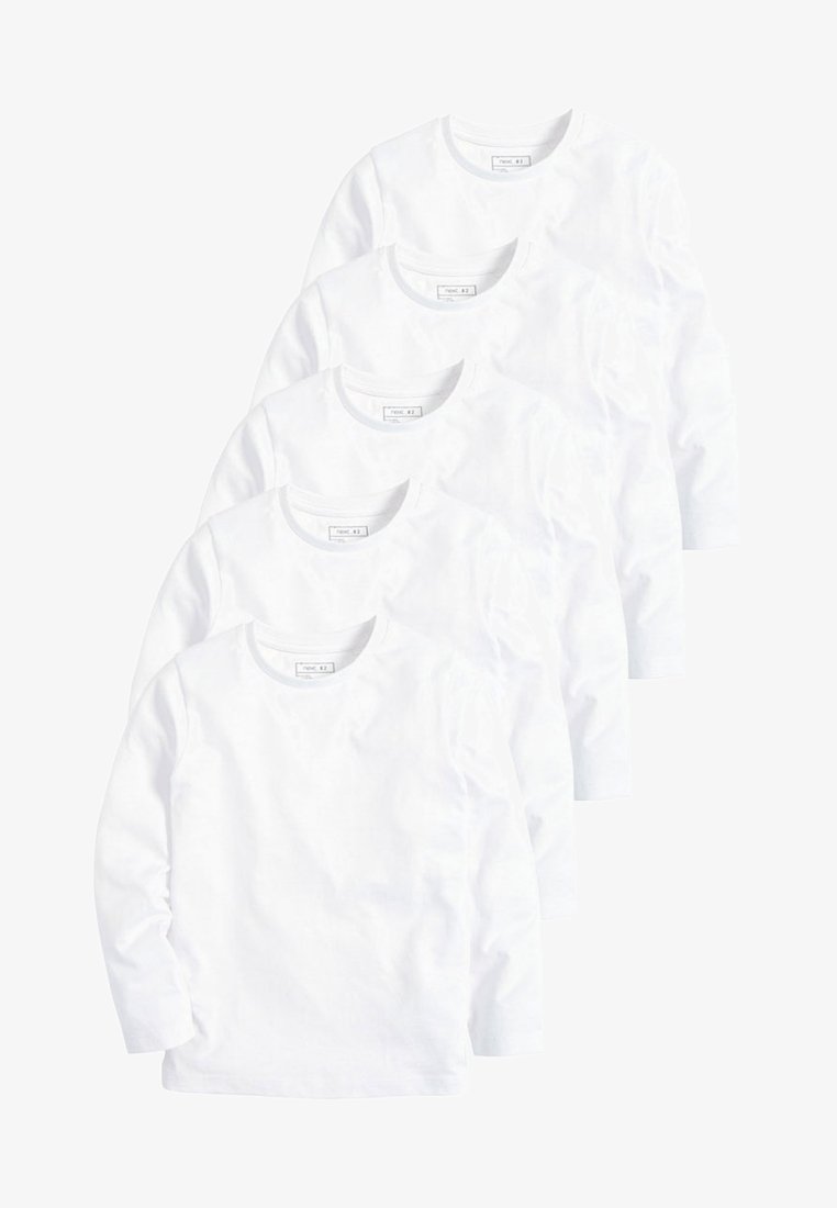 Five long-sleeve white T-shirts, round neck, made of soft cotton, featuring a smooth texture and a basic design. No visible patterns or accents.