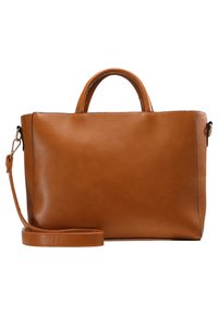 Sac à main en cuir marron au design épuré, forme structurée, double poignées et bandoulière amovible. Texture lisse et sans matériel visible.
