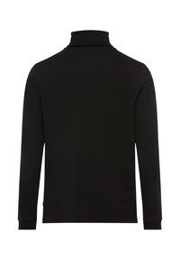 Zwarte langemouwen turtleneck shirt gemaakt van gladde stof met een getailleerde silhouet en een hoge kraag, zonder zichtbare patronen of hardware.