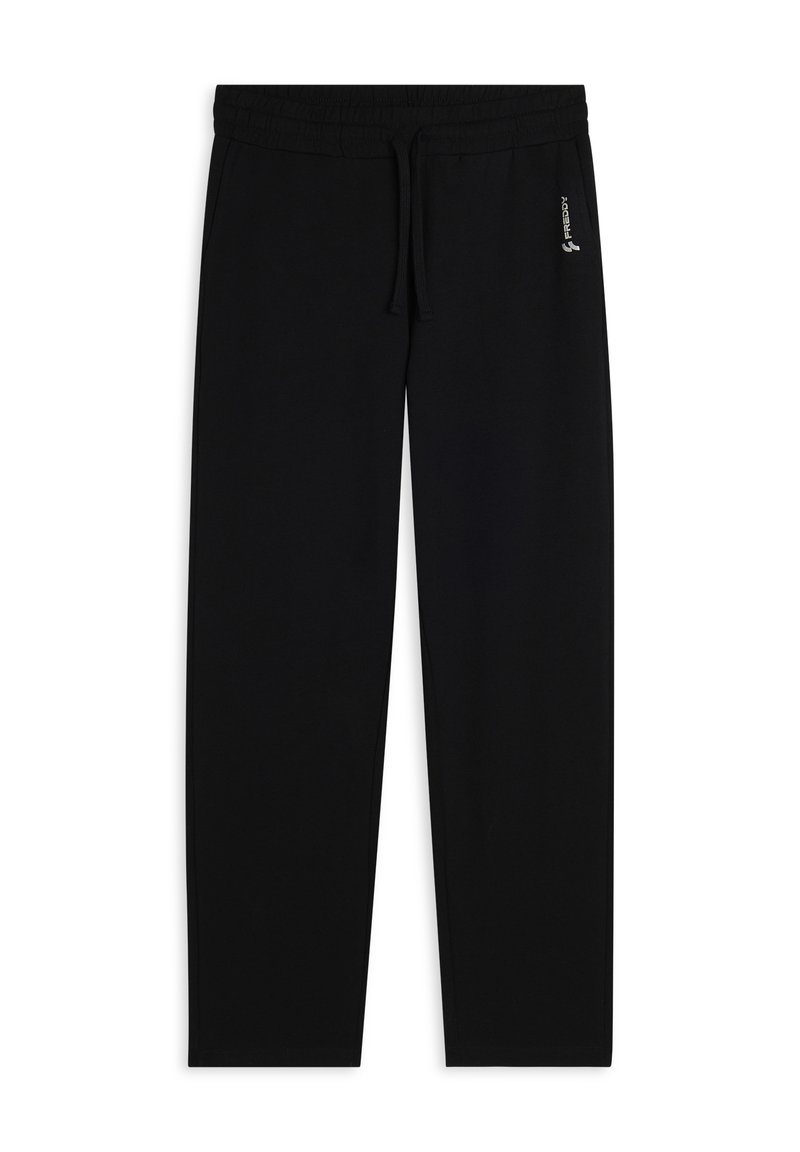 Pantaloni della tuta neri realizzati in tessuto morbido, dotati di una cintura elastica, cordino e tasche laterali. Design semplice con un accento del logo.
