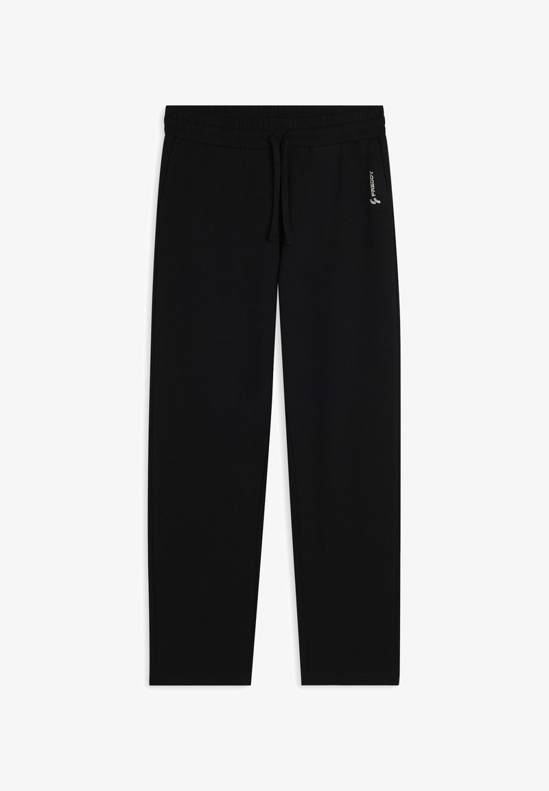 Pantaloni della tuta neri realizzati in tessuto morbido, dotati di una cintura elastica, cordino e tasche laterali. Design semplice con un accento del logo.