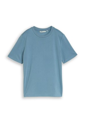 Korte mouw blauwe T-shirt met ronde hals en een gladde textuur, plat uitgestald op een witte achtergrond.