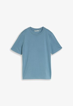 Korte mouw blauwe T-shirt met ronde hals en een gladde textuur, plat uitgestald op een witte achtergrond.