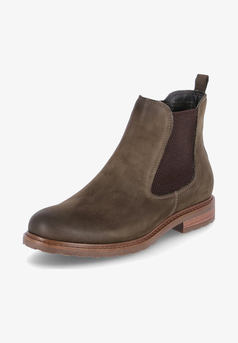 Hnědé kožené Chelsea boty s elastickými bočními panely, kulatou špičkou a kontrastní hnědou podešví. Obsahují poutko pro snadné obouvání.