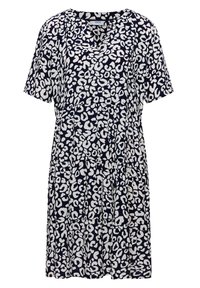 Robe à manches courtes, longueur genou, avec imprimé léopard abstrait bleu marine et blanc, encolure en V.