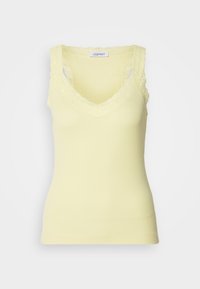 Ljusgul ribbad tanktop med spetsdetaljer runt V-ringningen och axelremmarna, Esprit-märke på baksidan av halsringningen.