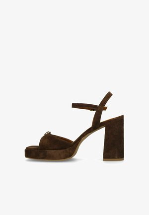 Braune Plateau-Sandale aus Wildleder mit Knöchelriemchen und klobigem hohen Absatz, Seitenansicht vor weißem Hintergrund.