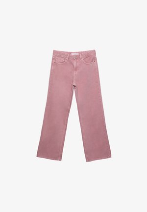 Pink wide-leg jeans made from denim, featuring a high waist, front pockets, and subtle stitching details. Smooth texture with no patterns.