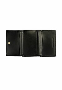 Czarny skórzany portfel o gładkiej fakturze, z wieloma miejscami na karty, centralną przegródką i złotym zapięciem na zatrzask.
