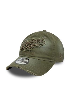 Casquette de baseball réglable vert olive avec logo « Dodgers Since 1958 » usé brodé sur le devant et petites déchirures sur les bords de la visière.