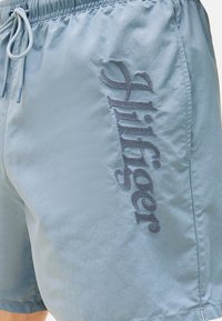 Bañador azul claro hecho de tela suave, con un logo bordado en el costado. Cintura elástica con cordón ajustable.