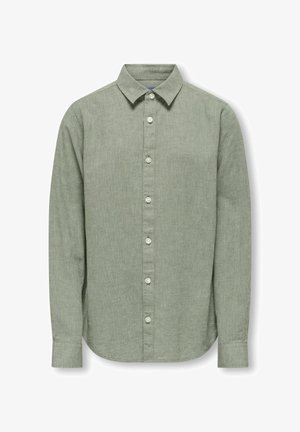 Chemise boutonnée vert clair avec un col, des manches longues, un ourlet arrondi et six boutons blancs sur le devant. Finition en tissu texturé.