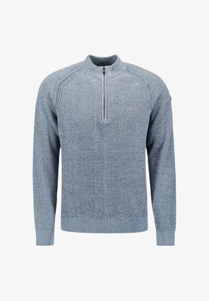 Lichtgrijze gebreide pullover met een halve rits kraag. Kenmerkt zich door een geribbelde textuur langs de schouders en manchet, met een standaard pasvorm.