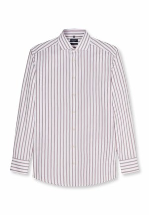 Weißes langärmeliges Hemd mit Knöpfen, vertikalen braunen Streifen und klassischem Kragen, flach auf weißem Hintergrund gelegt.