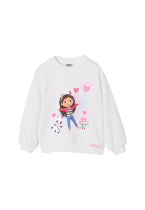 White children's sweatshirt with cartoon girl holding pink heart-shaped balloons, a white cat, and a pink cat, surrounded by small hearts.