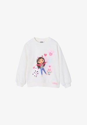 White children's sweatshirt with cartoon girl holding pink heart-shaped balloons, a white cat, and a pink cat, surrounded by small hearts.