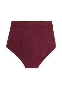 Mutande donna a vita alta in un profondo bordeaux solidale con una texture liscia e dettagli delle cuciture visibili sui pannelli anteriori.