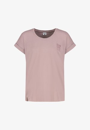 Light pink short-sleeve t-shirt with a round neckline, featuring a small printed logo in dark pink on the front and a tag on the side.