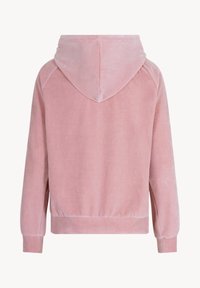 Roze fluwelen hoodie met een trekkoordcapuchon, raglanmouwen en geribbelde manchetten. Soepele textuur; heeft een cropped silhoët en geen voorontwerp.
