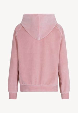 Roze fluwelen hoodie met een trekkoordcapuchon, raglanmouwen en geribbelde manchetten. Soepele textuur; heeft een cropped silhoët en geen voorontwerp.