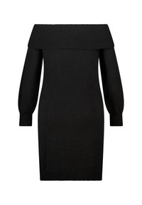 Zwarte off-shoulder jurk met geribbelde halslijn en opgeblazen lange mouwen. Zachte textuur en getailleerde silhouet met een jurk die tot de knie reikt.