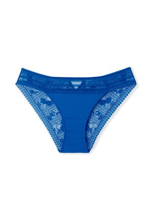 Blue lace-trimmed panties with a solid blue body, featuring a delicate floral lace pattern along the sides and scalloped edges.