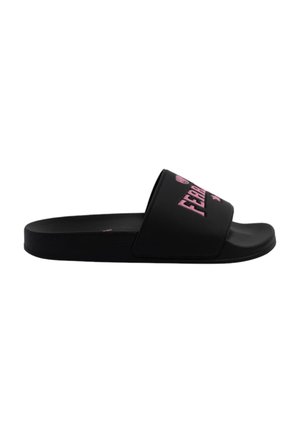 Infradito neri con una fascia larga decorata con testo rosa. Realizzati in gomma con una superficie liscia e una suola piatta per garantire comfort.